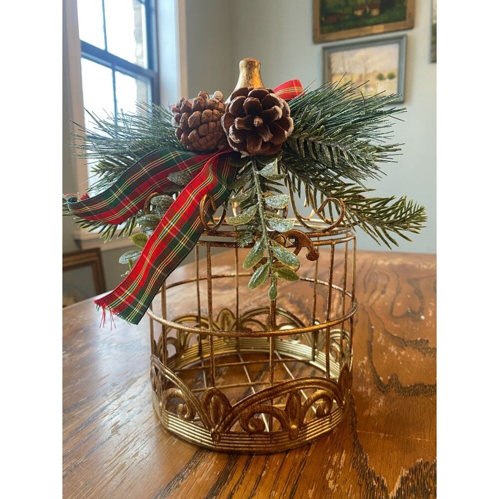 Gold Metal Birdcage Ornament W/ Pinecone & Plaid Bow Holiday Décor